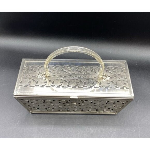 Rectangle Silver Tone Pierced Metal With Lucite Handle Mirror MCM Vintage - Picture 5 of 12